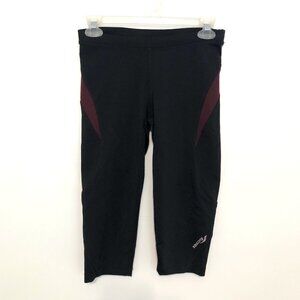 SAUCONY Black Burgundy Maroon Stripe Trim Capri Capris Active Leggings Legging